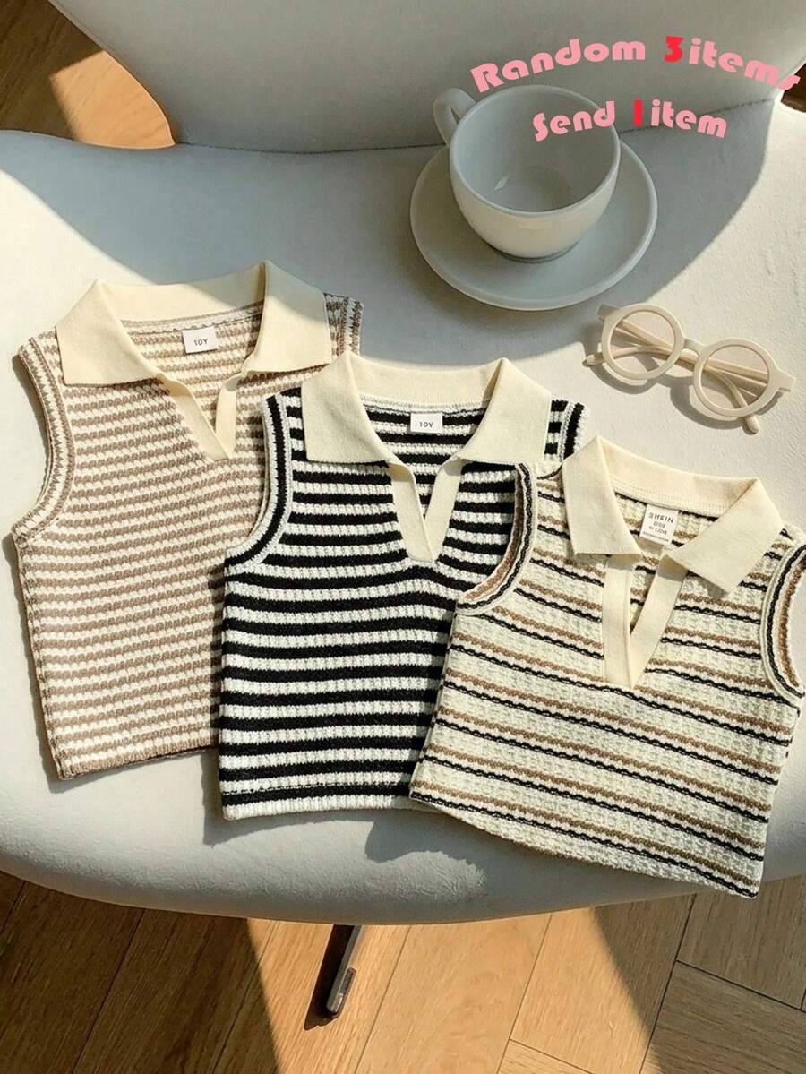 SHEIN 青少年女孩可愛條紋針織無袖 Polo 衫,適合夏季多用途穿搭 - 彩色 - 查看 1