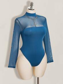 SHEIN ICON Plus Size Mesh Patchwork Y2K Sexy Bodysuit - Navy Blue - View 5