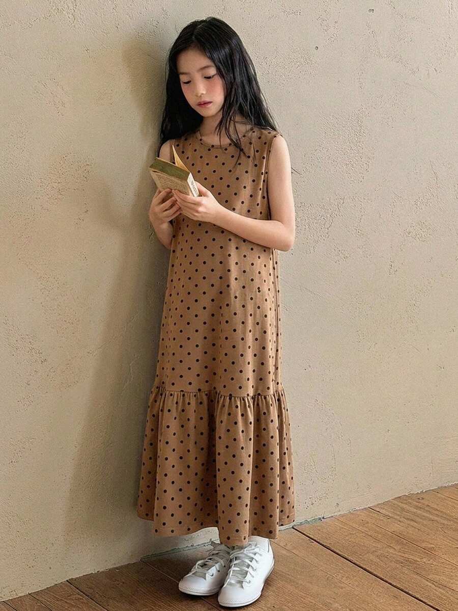 DAZY 青少年女孩波點印花圓領荷葉邊下擺無袖洋裝 夏季 - 棕色 - 查看 1
