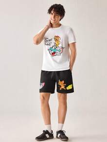 Strevion TOM & JERRY 男士休闲汤姆和杰瑞图案印花圆领短袖T恤，夏季款 - 白色 - 查看 7