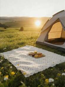 1 pieza Encantadora manta de picnic rectangular con diseño de margarita - Mantel de rayón tejido con ribete de encaje, adecuado para camping de invierno, salida a la playa, fondo de fotografía, accesorio de picnic - Margarita - Ver 4
