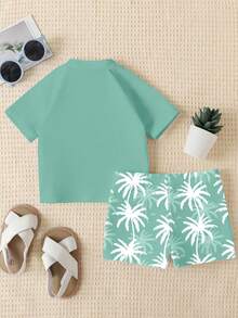 SHEIN Baby Boy Casual Simple Slim Fit Round Neck Short Sleeve Shorts Swimsuit Set Suitable For Summer - Multicolor - View 4