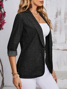 EMERY ROSE Chaqueta de Mezclilla Lavada Casual Talla Grande - Negro - Ver 3