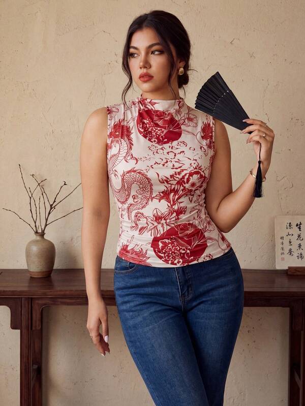 EastFlair Plus Size Women Floral Dragon Print Casual Versatile Daily Wear T-Shirt Gym Brown Summer