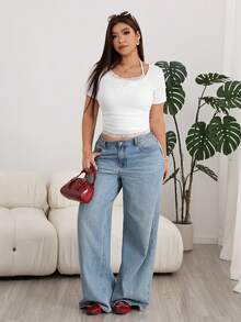 Solflare Plus Size Summer Casual Solid Color Lace Patchwork T-Shirt - White - View 4