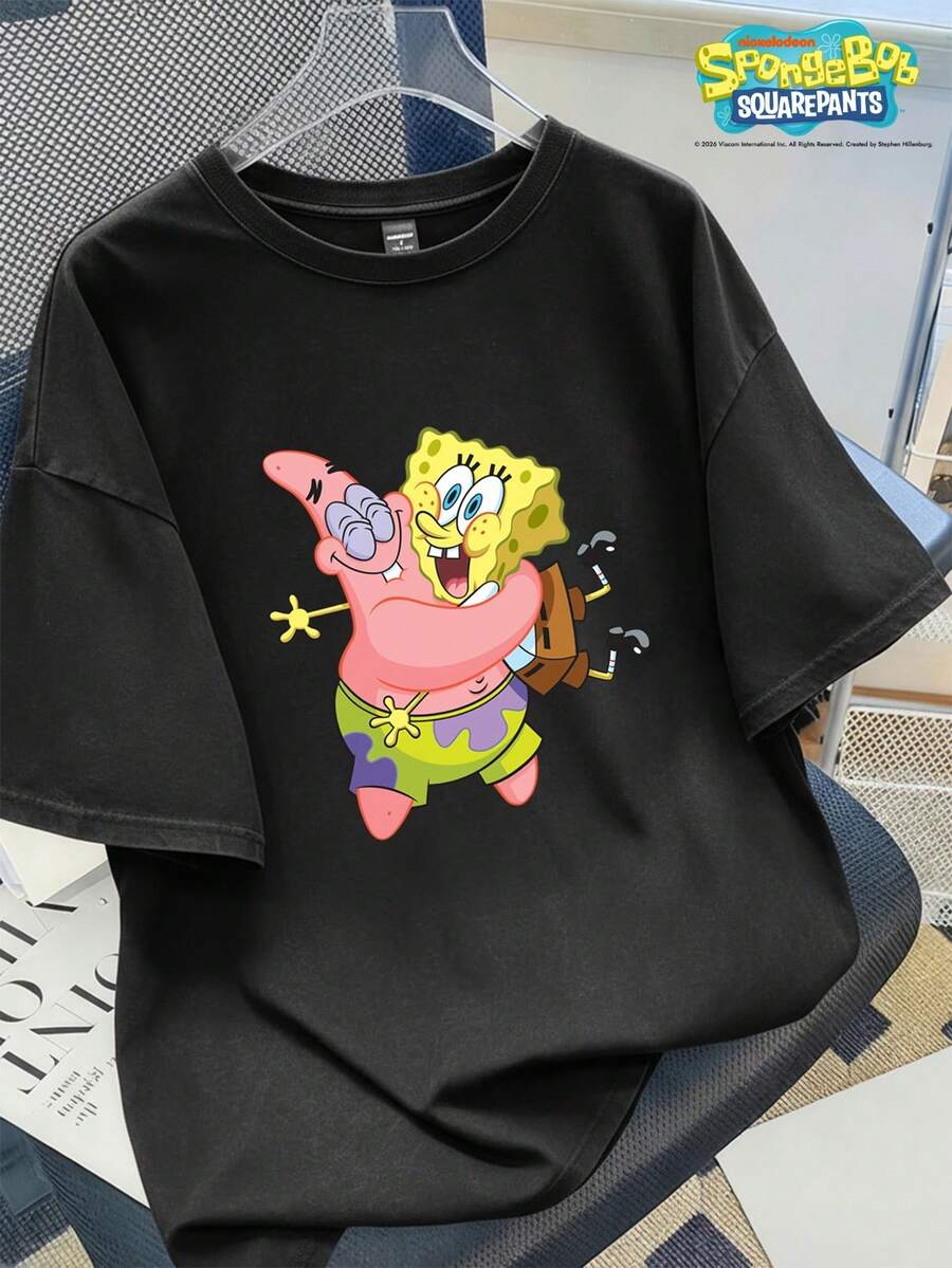 SpongeBob SquarePants | SHEIN OldRiff 男士休闲卡通印花短袖T恤,夏季 - 黑色 - 查看 1