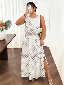 Lounesse Plus Size 2-Piece Set Women's Polka Dot Design 2-Piece Set Daily Commute Vacation Plus Size Polka Dot Dress Sleeveless Top Plus Skirt 2-Piece Set - Black and White - View 6