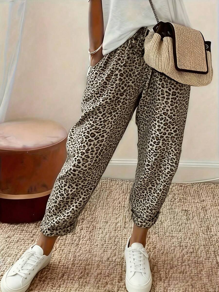 EMERY ROSE Pantalones de cintura alta holgados con estampado de leopardo hasta el tobillo para mujer talla grande - Caqui - Ver 1