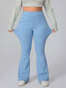 Flexra Plus Size Women Elastic Waist Casual Flare Leg Jeans - Baby Blue - View 3