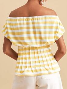 Travachic Pastel Yellow Off-Shoulder Waist-Cinching Women's T-Shirt Vacation Summer Sexy Tropical - Light Yellow - View 2