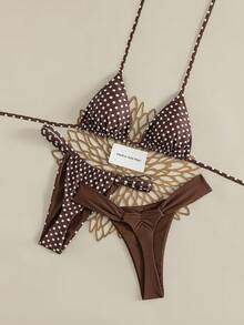 Swim Vcay 3pcs/Set Spring/Summer New Brown Polka Dot Chocolate Brown Halter Neck Tie Triangle Top And Solid Color Thong Beach Party Wear 1950s Vintage - Multicolor - View 1