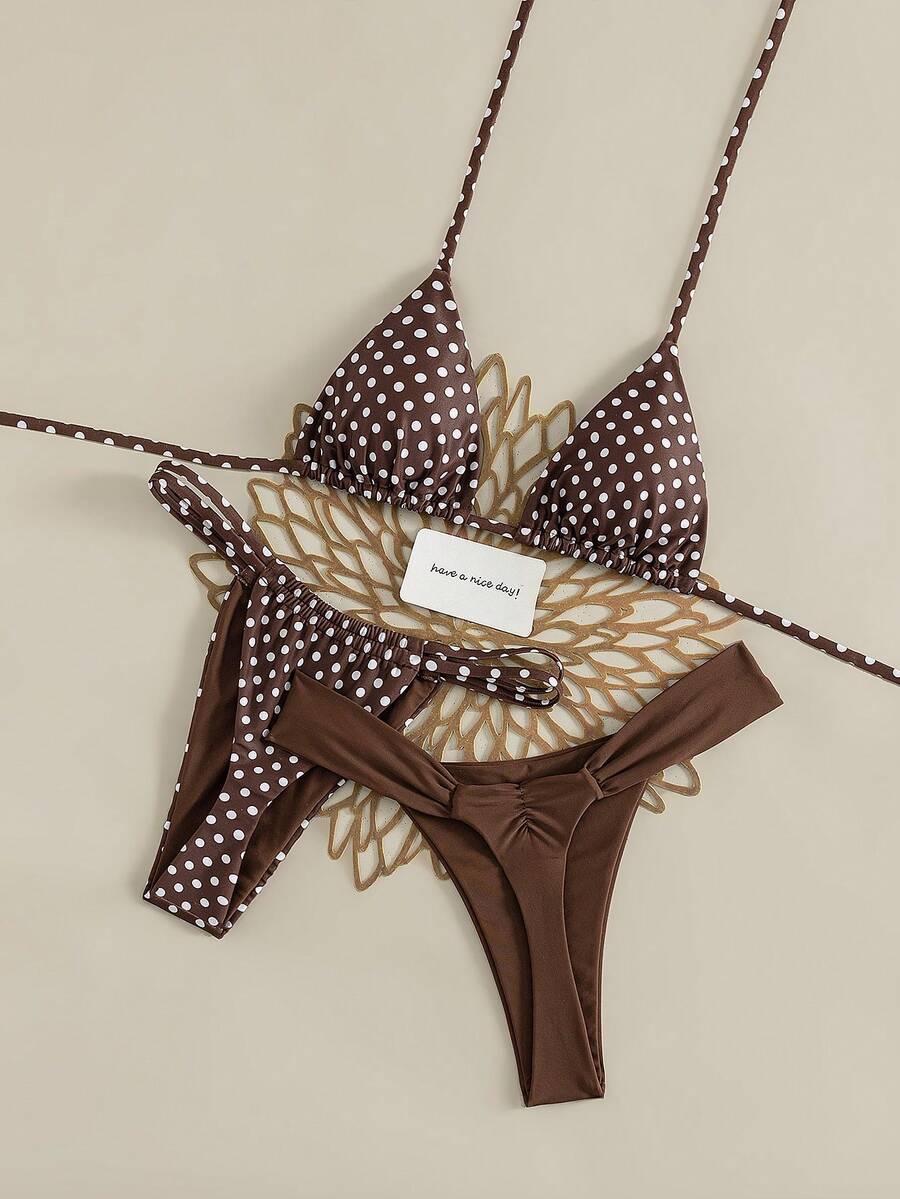 Swim Vcay 3pcs/Set Spring/Summer New Brown Polka Dot Chocolate Brown Halter Neck Tie Triangle Top And Solid Color Thong Beach Party Wear 1950s Vintage - Multicolor - View 1