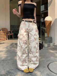 DAZY 女款花卉印花鈕扣寬鬆工裝休閒牛仔長褲 - 白色 - 查看 5