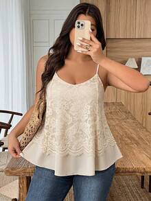 Linhara 女款大尺碼春夏休閒度假蕾絲雙層荷葉邊A字細肩帶背心上衣，適合日常度假穿著 - 杏色 - 查看 5