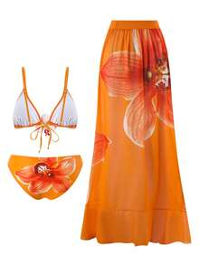 Swim SXY 夏季海灘女款三件式泳衣套裝，粉色蘭花印花，仿真花飾，掛脖上衣，比基尼泳褲，美人魚長裙，性感泳裝套裝 - 橘色 - 查看 5