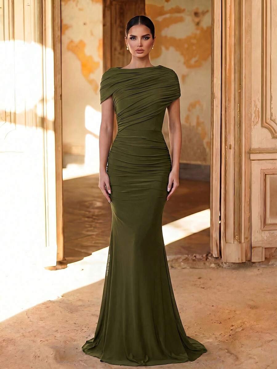 Aureia Gaun Bridesmaid Model Duyung dengan Hiasan Ruffle dan Lapisan Chiffon Elegan, Gaun Malam Formal Terjangkau untuk Tamu Pernikahan, Warna Hijau Zaitun, Musim Semi - Hijau Tentara - View 1