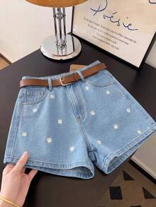 GlowEve 女款夏季刺繡牛仔短褲 - 淺色水洗藍 - 查看 3