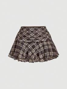 SHEIN MOD Falda A-line minimalista de mujer con estampado de cuadros marrones y doble capa de malla fluida - Marrón Mocha - Ver 5