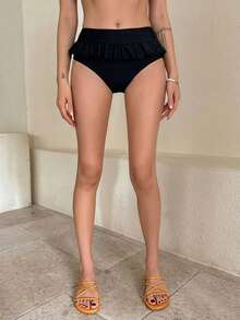 Livesso Quần bơi nữ màu trơn xếp bèo cho kỳ nghỉ bãi biển - màu đen - Xem 5
