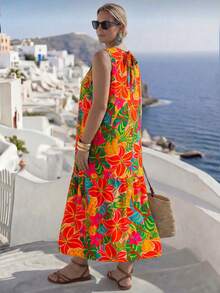 GlowEve CURVE Plus Size Women Tropical Plant Print Sleeveless Casual Dress Vacation Yellow Summer - Multicolor - View 2