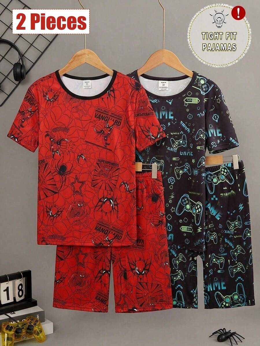 2件套青少年男童时尚酷炫简约舒适柔软弹力针织面料红黑超级英雄卡通印花圆领短袖上衣和短裤睡衣套装 - 彩色 - 查看 1
