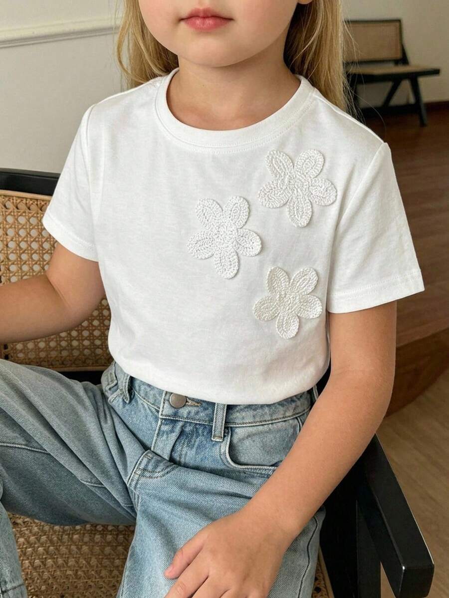 Dazy Kids 少女秋季圓領針織條紋印花短袖T恤夏季 - 白色 - 查看 1