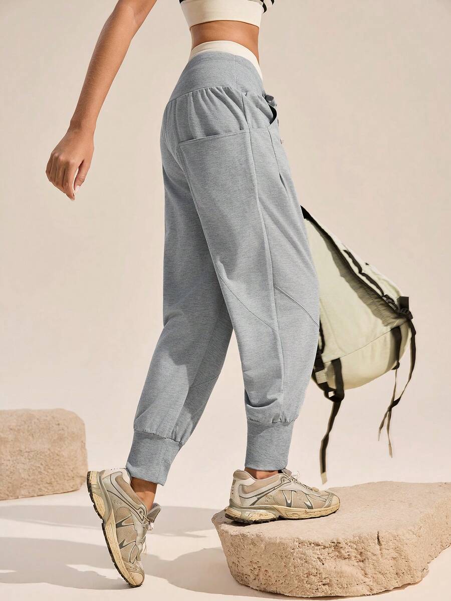 SHEIN Ciela Rowan Women's Solid Color Drawstring Waist Pocket Casual Versatile Daily Outdoor Sweatpants - Light Grey - View 1