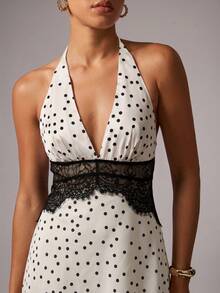 Avenya Vestido corto de fiesta elegante con escote halter, lunares en blanco y negro, espalda descubierta, parches de encaje y silueta evasé, para fiestas, citas o vacaciones - Multicolor - Ver 4
