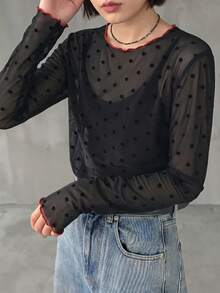 FRIFUL Women's Solid Color Round Neck Polka Dot Pattern Sheer Fashion Top - Black - View 3