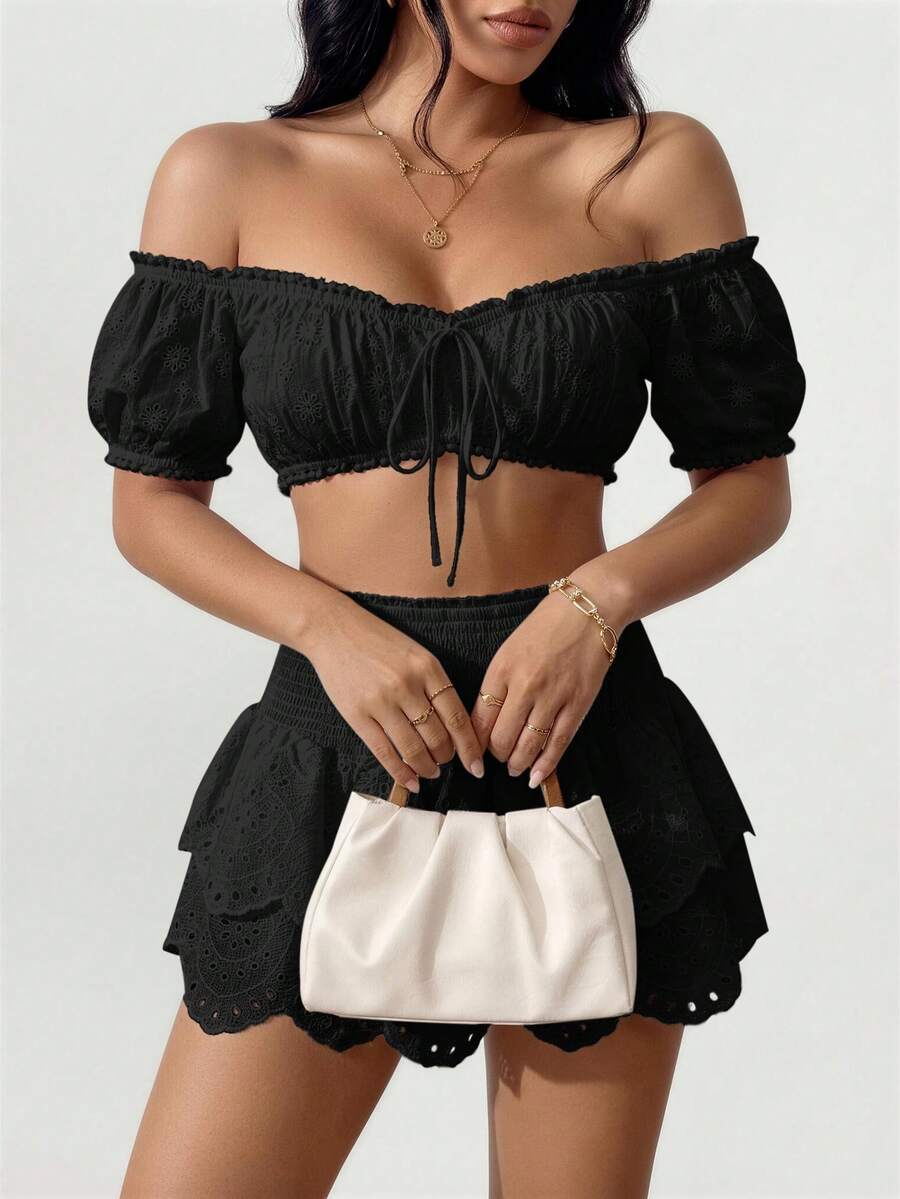 SHEIN SXY 女款黑色露肩甜美短版上衣,適合海灘、夜晚、夏季,性感風格 - 黑色 - 查看 1