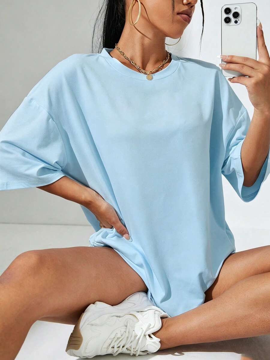 Sundraya Camiseta de hombros caídos de cuello redondo - Celeste - Ver 1