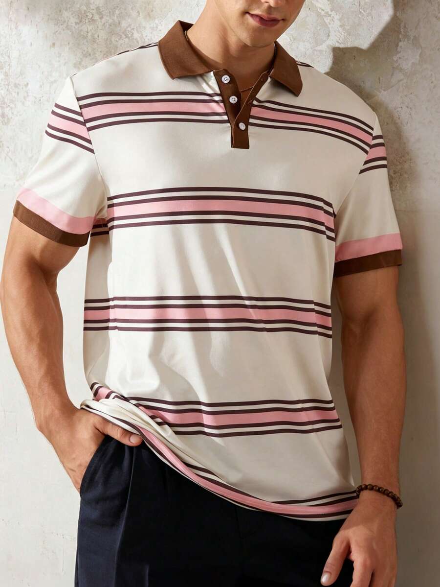 Airaco Fashionable Colorful Striped Print Men's Short Sleeve Polo Shirt For Leisure & Vacation - Multicolor - View 1
