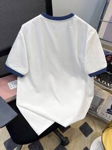Manfinity Joysei 休閒時尚仿丹寧拼接刺繡 LA 洛杉磯圖案印花藍白配色拼接 T 恤，適合春夏，送給朋友的禮物 - 白色 - 查看 5