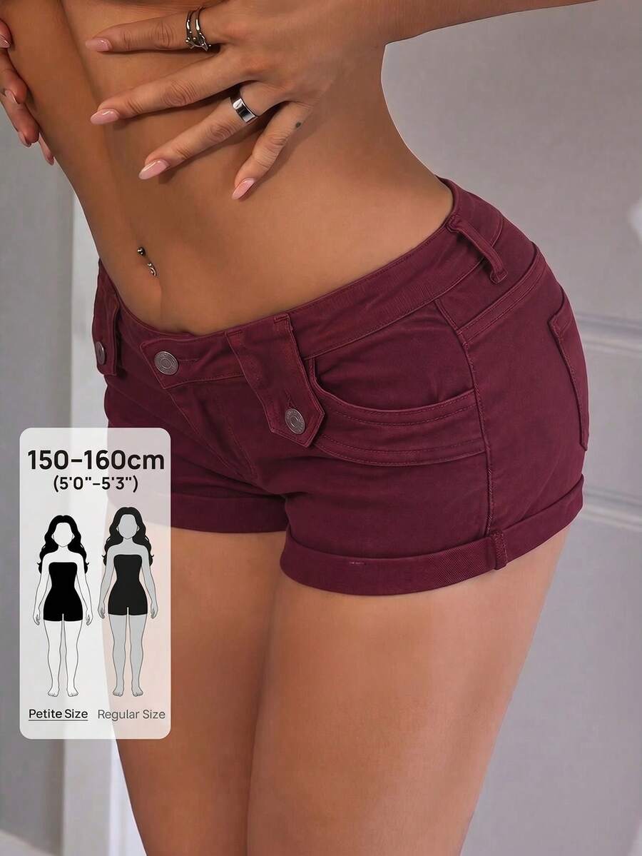 SHEIN PETITE 素色斜口袋緊身休閒牛仔短褲,夏季 - 酒紅色 - 查看 1