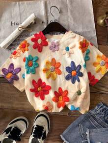 Áo thun cổ tròn tay ngắn cho bé gái tuổi teen, phong cách thường ngày đơn giản dễ thương vui nhộn, họa tiết hoa in vân nổi, màu đỏ vintage, phù hợp mùa xuân/hè, áo thun graphic, thoải mái, kiểu Y2K, vintage - Nhiều màu - Xem 2