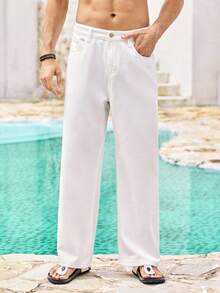 Mercer Haus Men's White Loose Fit Casual Straight Leg Jeans, Versatile Minimalist Style Suitable For All Seasons - White - View 4