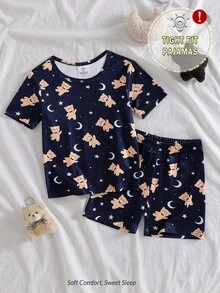 Conjunto de pijama ajustado para niños, camiseta de manga corta y pantalones cortos, estampado lindo de estrella, luna y oso, tela cómoda, adecuado para el uso diario en casa y ropa de dormir para niños - Azul Marino - Ver 4