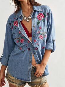 Bohemela Women's Vacation Casual Boho Floral Embroidered Shirt Vacation Blue Floral Summer - Baby Blue - View 6