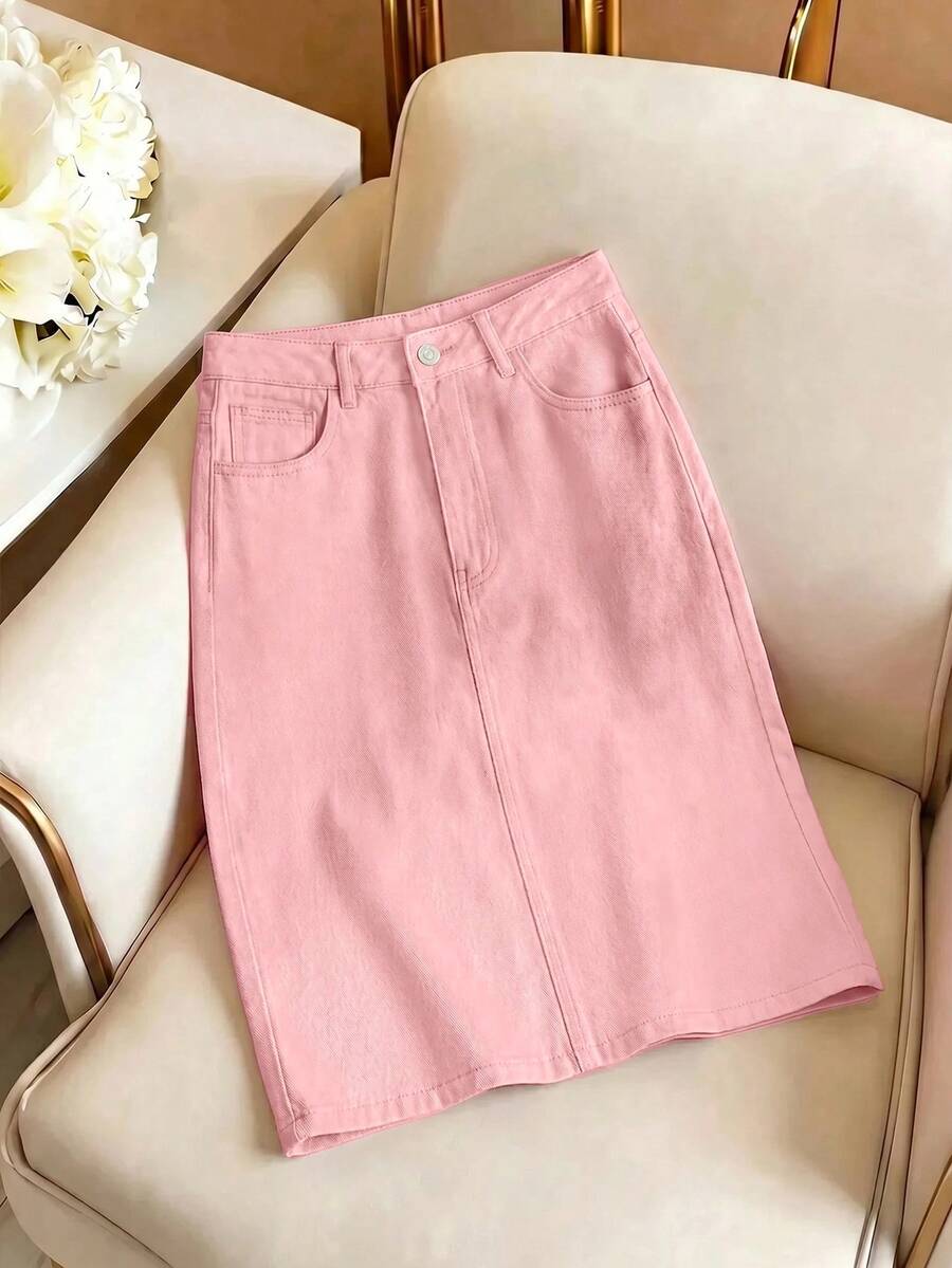 GlowEve Rok Denim Pensil Polos Minimalis Kasual untuk Wanita, Pas Badan, untuk Berpergian - Berwarna merah muda - View 1