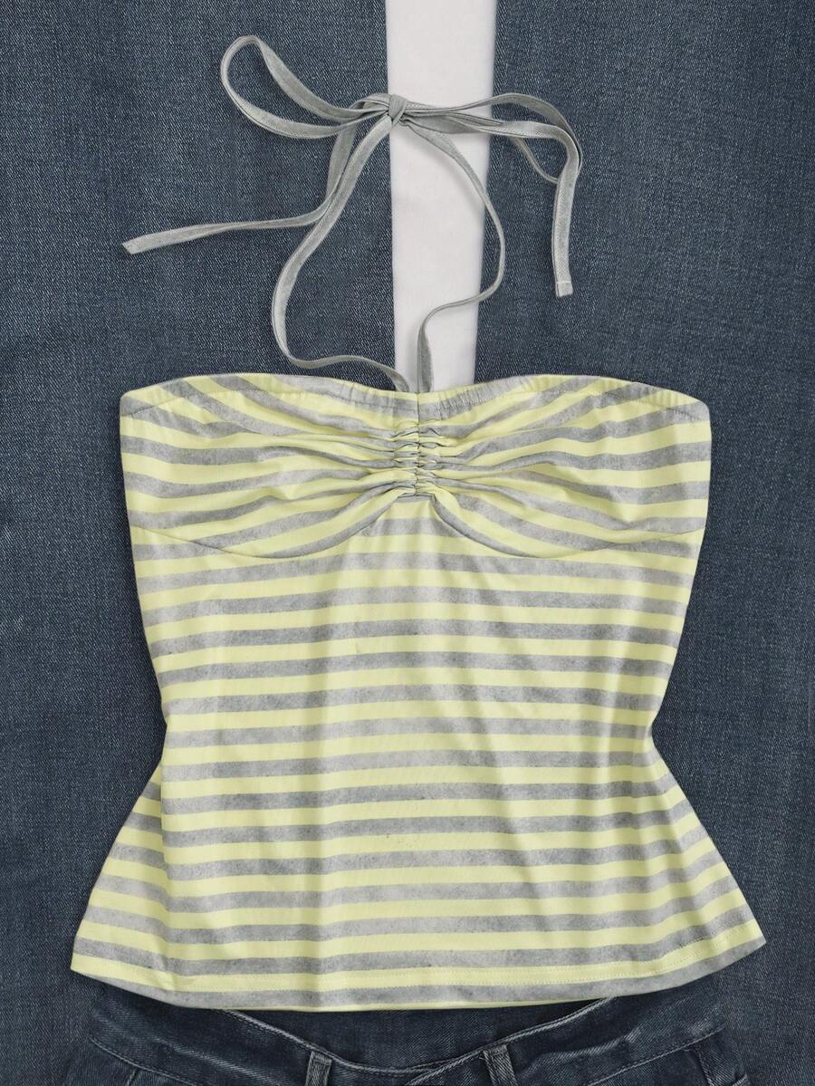 INAWLY 女款條紋百褶休閒掛脖背心上衣 - 彩色 - 查看 1