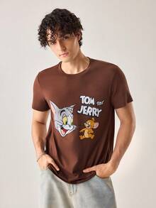 Strevion TOM & JERRY 男士简约汤姆和杰瑞图案印花圆领短袖T恤，夏季款 - 咖啡棕 - 查看 1