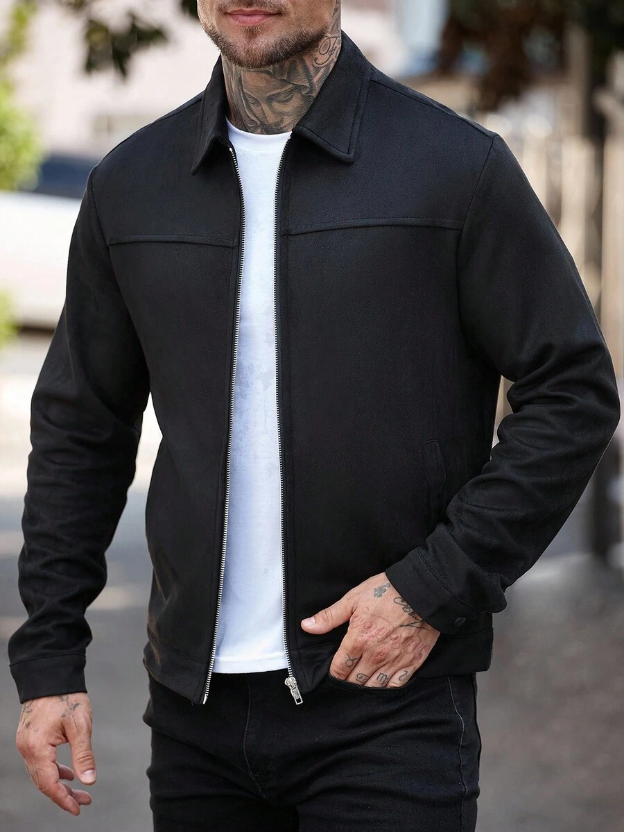 Manfinity Homme Chaqueta con cremallera y bolsillo en diagonal de manga larga para hombre, otoño - Negro - Ver 1