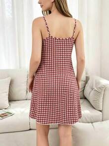SHEIN 女士舒适休闲格子圆领吊带睡裙，夏季 - 紅色 - 查看 2