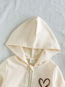 SHEIN Vintaside Kids 2件組女嬰秋冬款柔軟舒適可愛愛心印花棕色與白色波點長袖連帽衛衣長褲套裝牛仔女孩風 - 杏色 - 查看 7