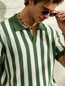 Airaco Men's Polo Collar Vertical Striped Pattern Knit Short Sleeve Vacation Green Stripe Summer Casual - Green - View 3
