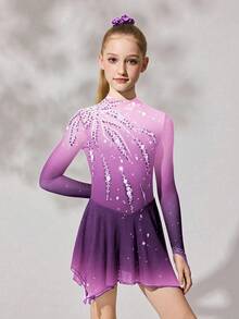 Tween Girls Purple Sequin Floral Dance Dress, High Stretch Fitted Design Sparkling Crystal Print, Smooth Flowing Mesh Skirt, Autumn Winter Athletic - Purple - View 7