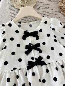 SHEIN Young Girl Polka Dot Print Bow Decor Shirt - Black and White - View 5
