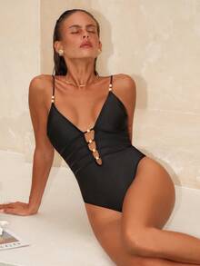 Swim Chiccia Elegant Sexy Solid Color Spaghetti Strap One Piece Swimsuit For Women - Black - View 5