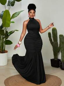 Maweii Rochie de vară din material tricotat elastic, cu guler halter, talie cu fundă, volane și patchwork din plasă, fără mâneci, ținută de petrecere, stil elegant și sofisticat - Negru - Vizualizare 3