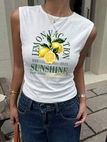 Siren Gaze Casual Tropical Minimalist Vacation Style Lemon Letter Vintage Print 95 Cotton All-Match Women's Tank Top Suitable For Spring And Summer White - White - View 3